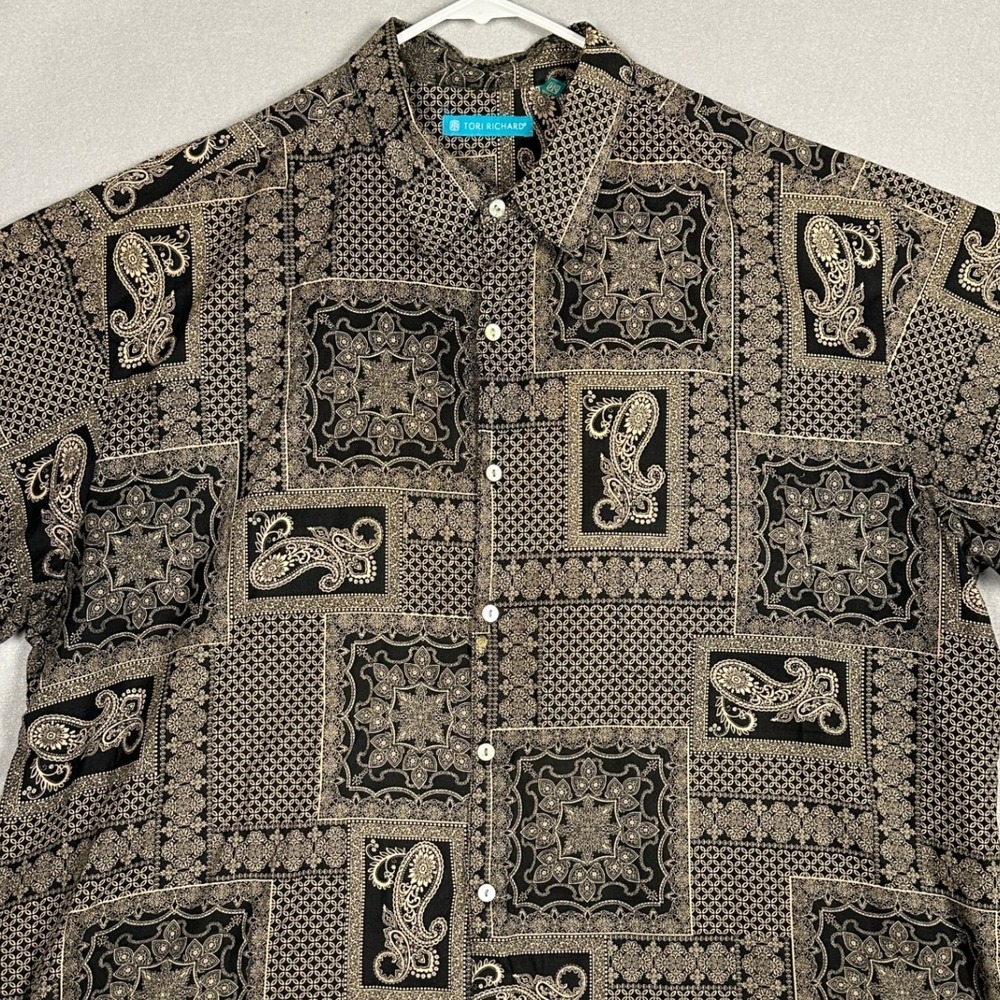 Tori Richard Shirt Mens 2XL Black Tan Paisley Cotton Lawn Hawaii Button Up EUC
